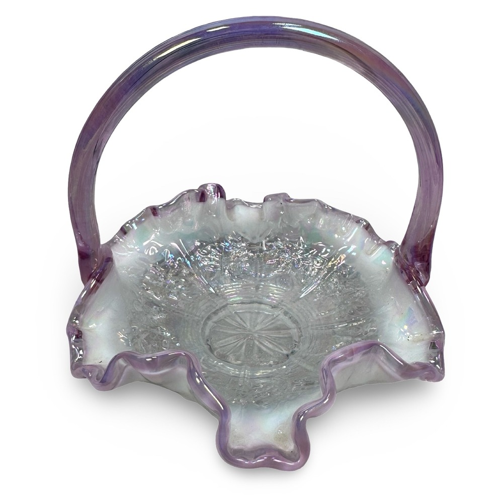 Fenton Iridescent Clear Carnival Glass Floral Basket Ruffled Edge Pink Handle